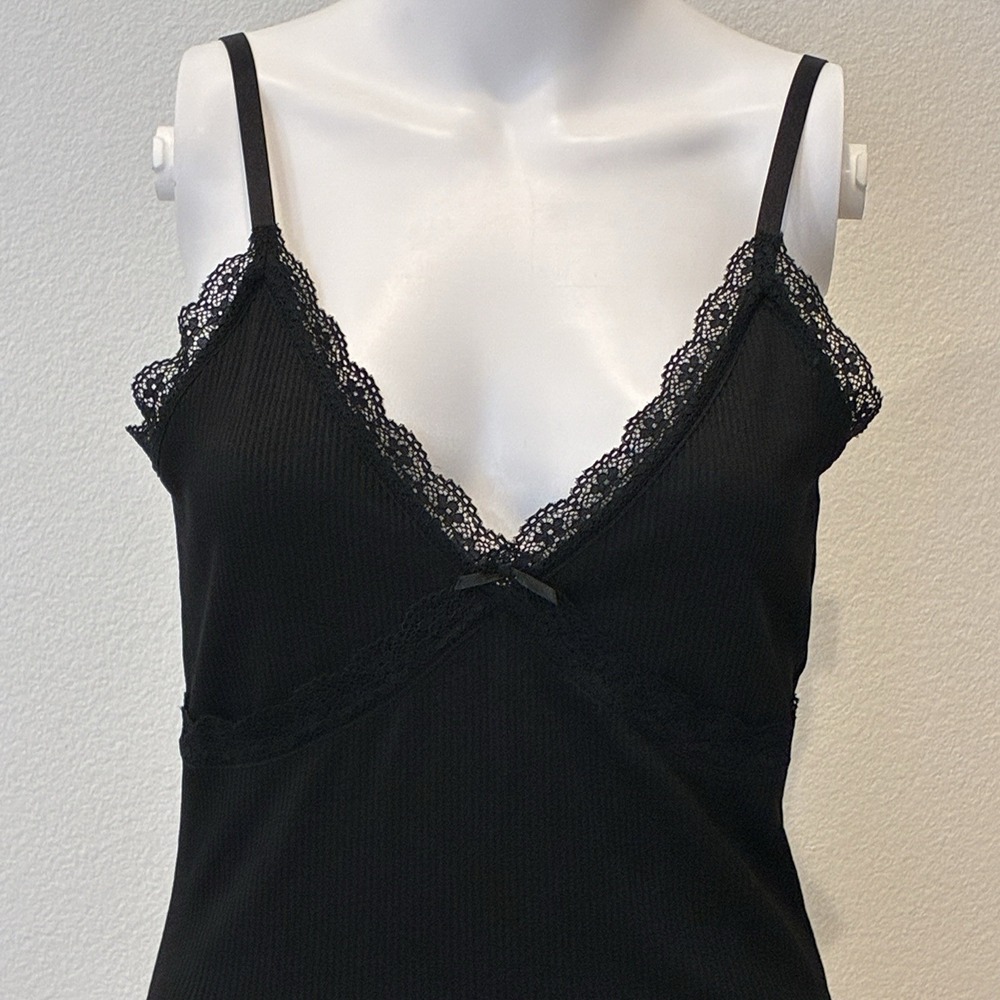 Y2K Babydoll Ribbed Tank Mini Dress Size M Black Lace Sexy Vampy Goth Witchy